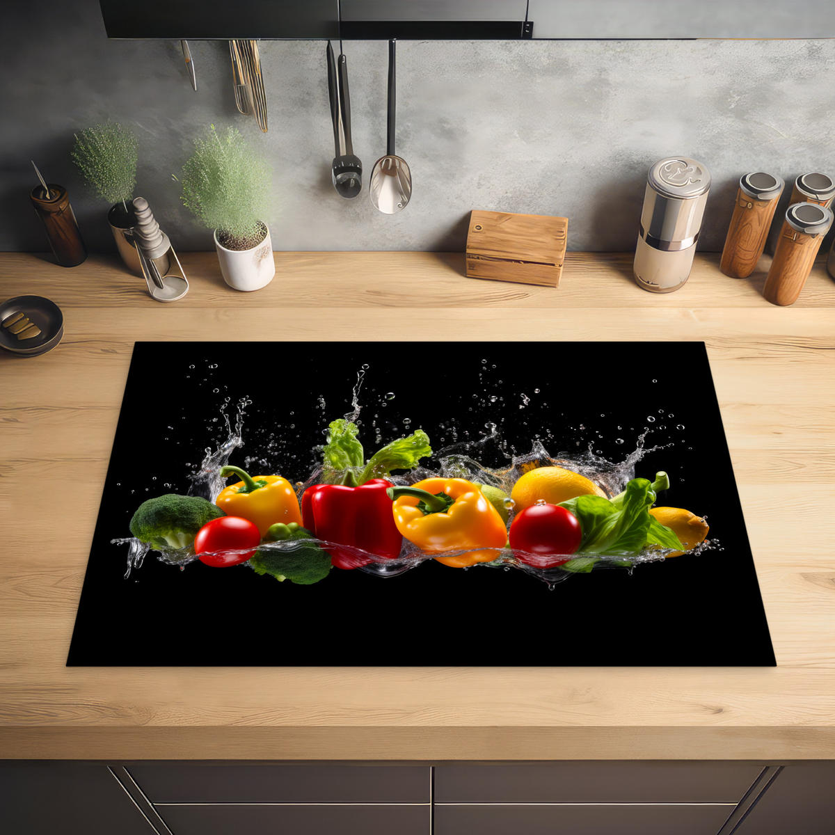 HERDABDECKPLATTE Paprika - Wasser - Gemüse - Schwarz 80x52 cm - Multicolor, Kunststoff (80.2/0.2/52.2cm) - MuchoWow