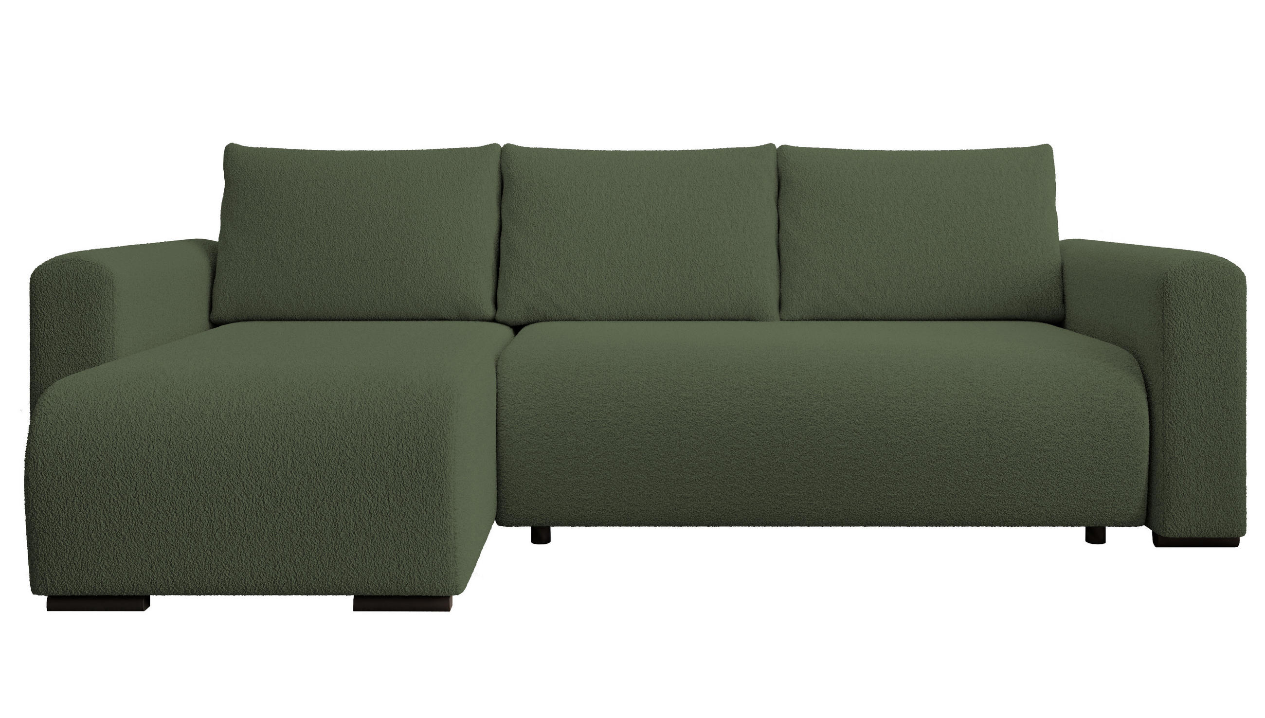 ECKSOFA DORA L, Eckcouch in L-Form mit Schlaffunktion und Bettkasten, Farbe: Grün, Bouclé-Stoff, Ottomane Links - Grün, Textil (240/143cm) - Storez24