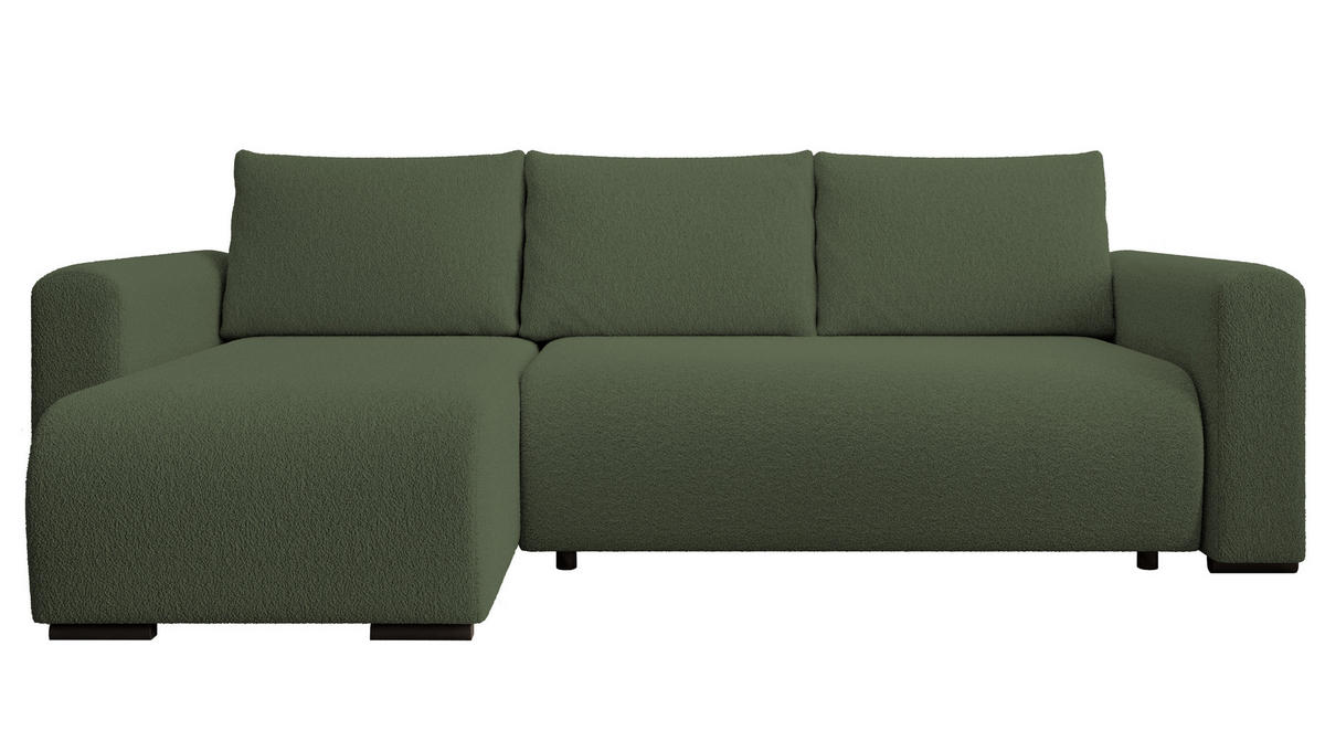 ECKSOFA DORA L, Eckcouch in L-Form mit Schlaffunktion und Bettkasten, Farbe: Grün, Bouclé-Stoff, Ottomane Links - Grün, Textil (240/143cm) - Storez24