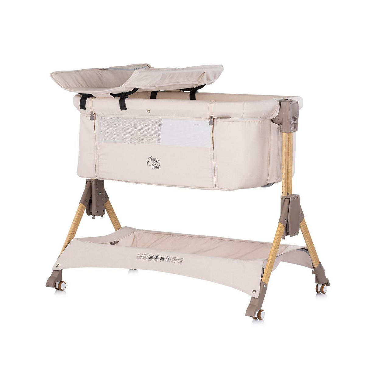BEISTELLBETT Sleep´n Fold creme 98 x 66 cm, Schwingfunktion, Wickelauflage, Anti-Reflux, Moskitonetz - Beige, Metall (48/81cm) - Chipolino