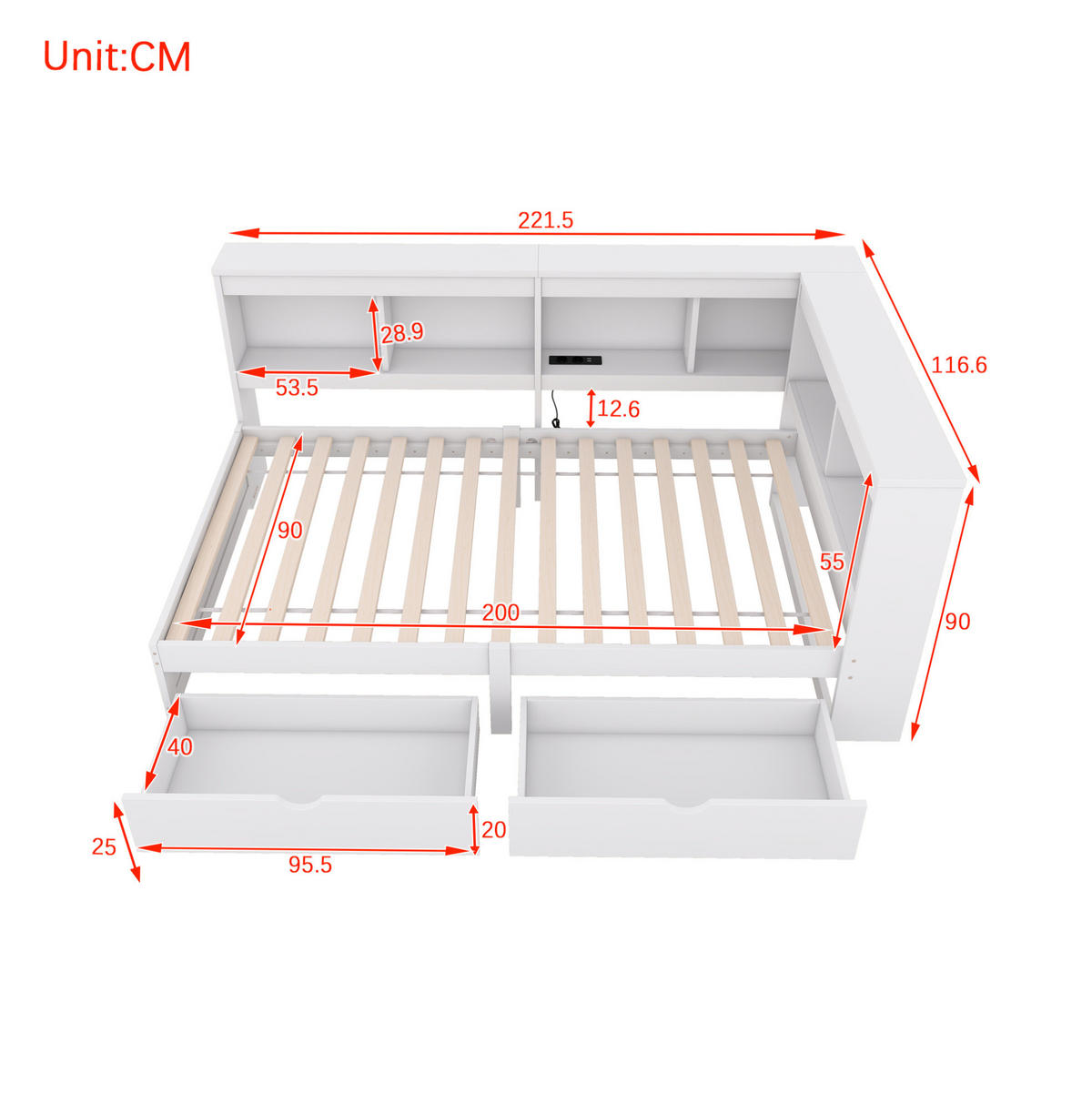 TAGESBETT 90/200 cm Weiß mit 2 Schubladen und USB-Anschlüssen - Weiß, Holzwerkstoff (90/200cm) - OKWISH