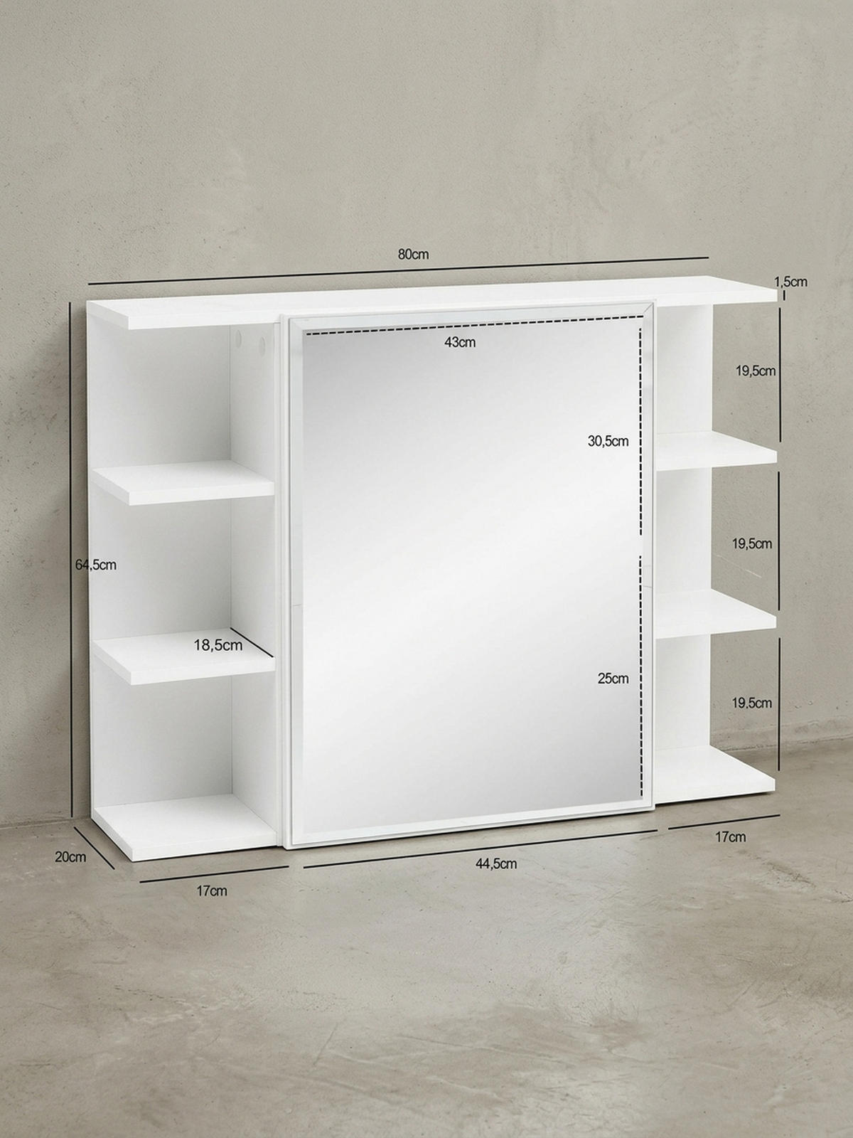 HÄNGESCHRANK Weiß aus Spanplatte mit Spiegel und seitlichen Ablagen 80x64,5x20 cm - Weiß, Holz (80/65/20cm) - KADIMA DESIGN