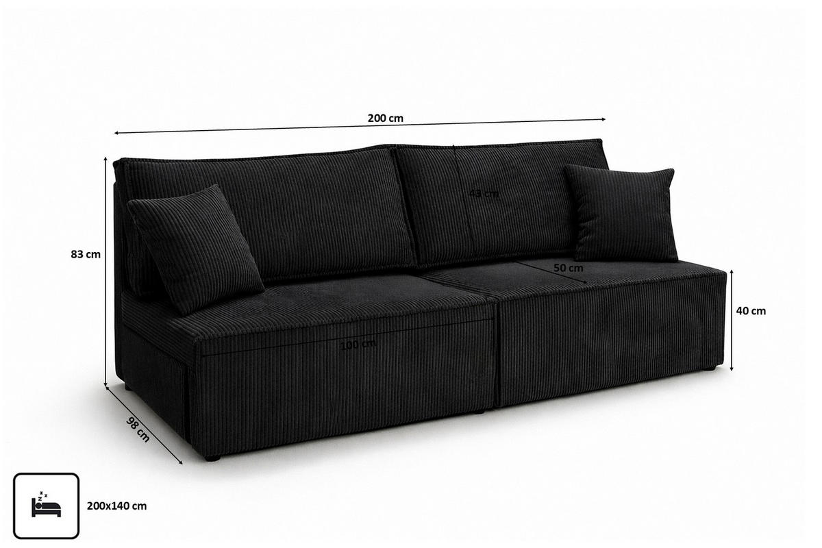 SOFA Mit Schlaffunktion Und Bettkasten, Cordstoff Poso, Schwarz, BEST MINI - Schwarz, Holz (200/83/98cm) - Kaiser Möbel