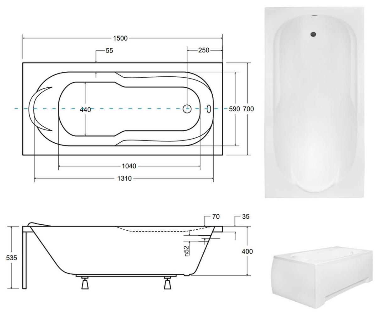 BADEWANNE Rechteck BONA 150/70 + Kopfstütze Ablauf Füße - Weiß, Kunststoff (70/53.5/150cm) - bad land