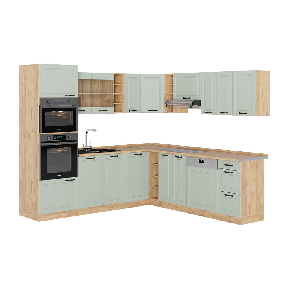 ECKKÜCHE R-Line, Mint Landhaus/Goldkraft Eiche, 247 x 237 cm - Honigeiche/Grün, Holzwerkstoff (247/206.8/60cm) - Vicco