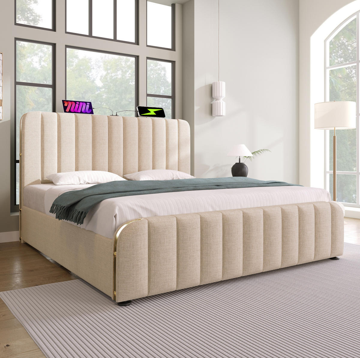 POLSTERBETT mit Bettkasten 160/200 cm, USB-C, gepolstertes Kopfteil, Beige - Beige, Textil (160/200cm) - BEAOK