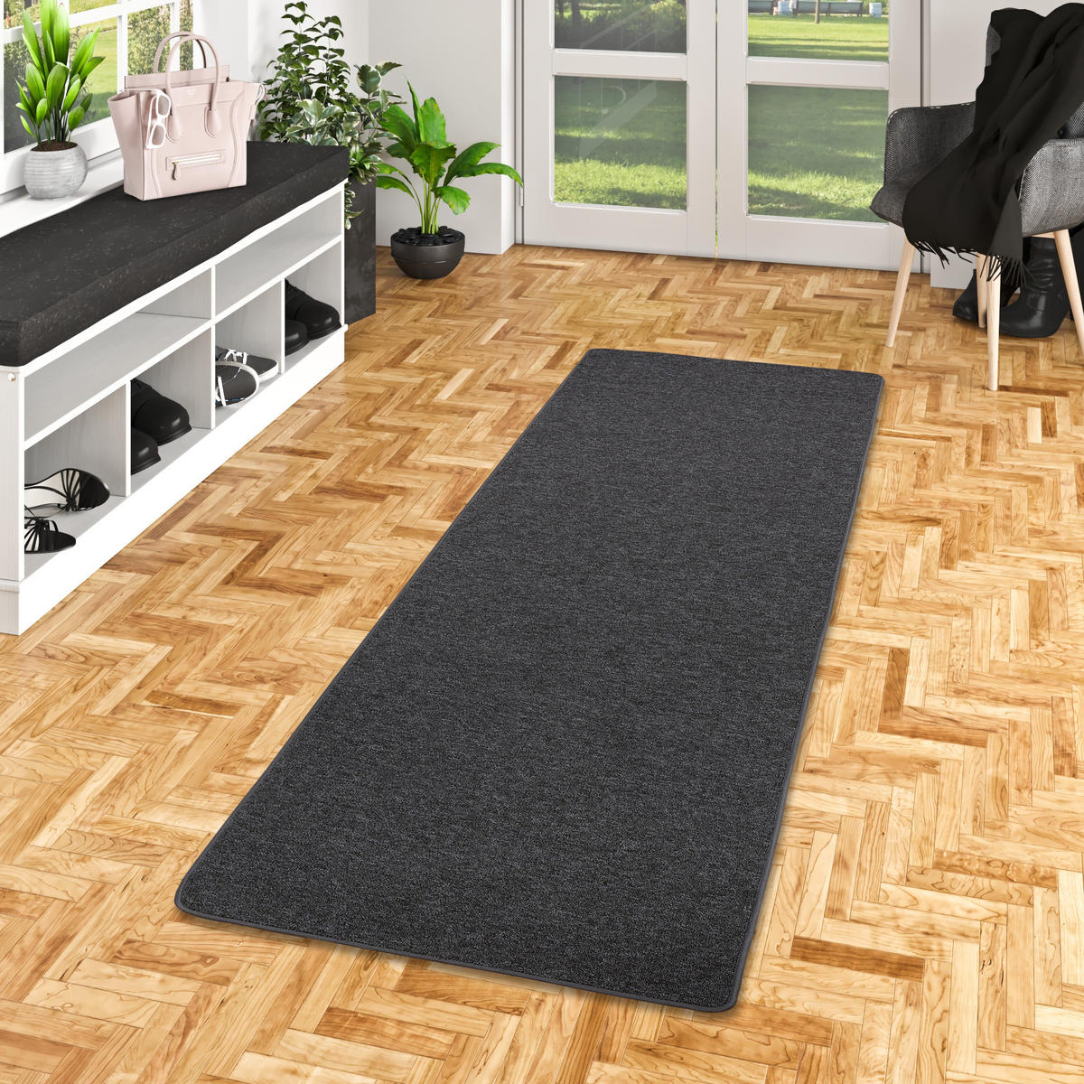 FEINSCHLINGEN VELOUR LÄUFER TEPPICH STRONG - Schwarz/Grau, Textil (100/300cm) - Snapstyle