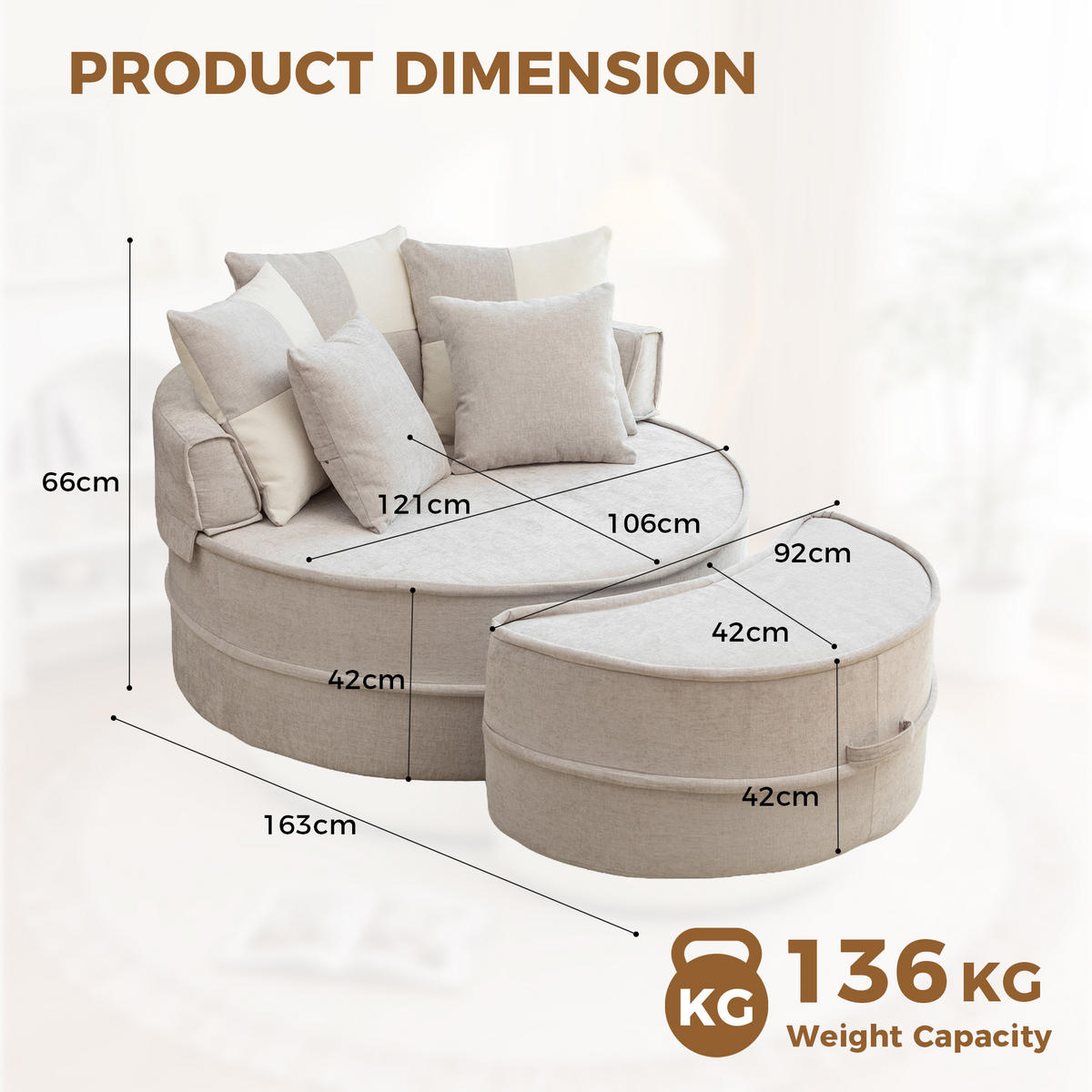 XXL-SESSEL DE-35026 mit Hocker und 5 Kissen Grau - Grau, Textil (121/66/163cm) - ComfortXL