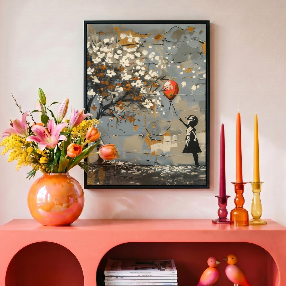 LEINWAND Bilder mit Rahmen - Baum - Graffiti - Banksy-Stil - Ballon-Mädchen - 30x40 - Blaugrau, Textil (30/40cm) - MuchoWow