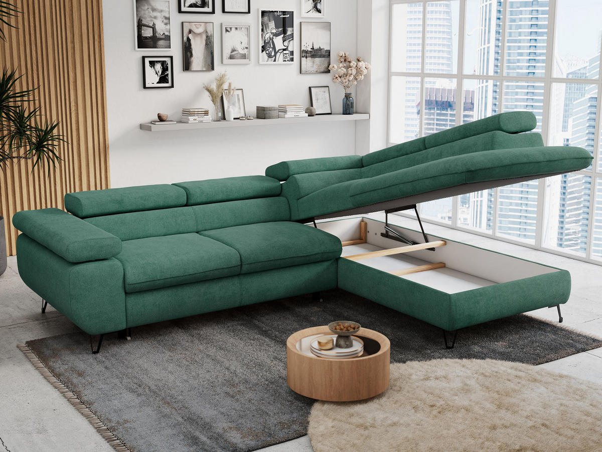 ECKSOFA PETER L Grün Struktur - Rechts Seite - Schwarz/Grün, Textil/Metall (273/208cm) - MKS