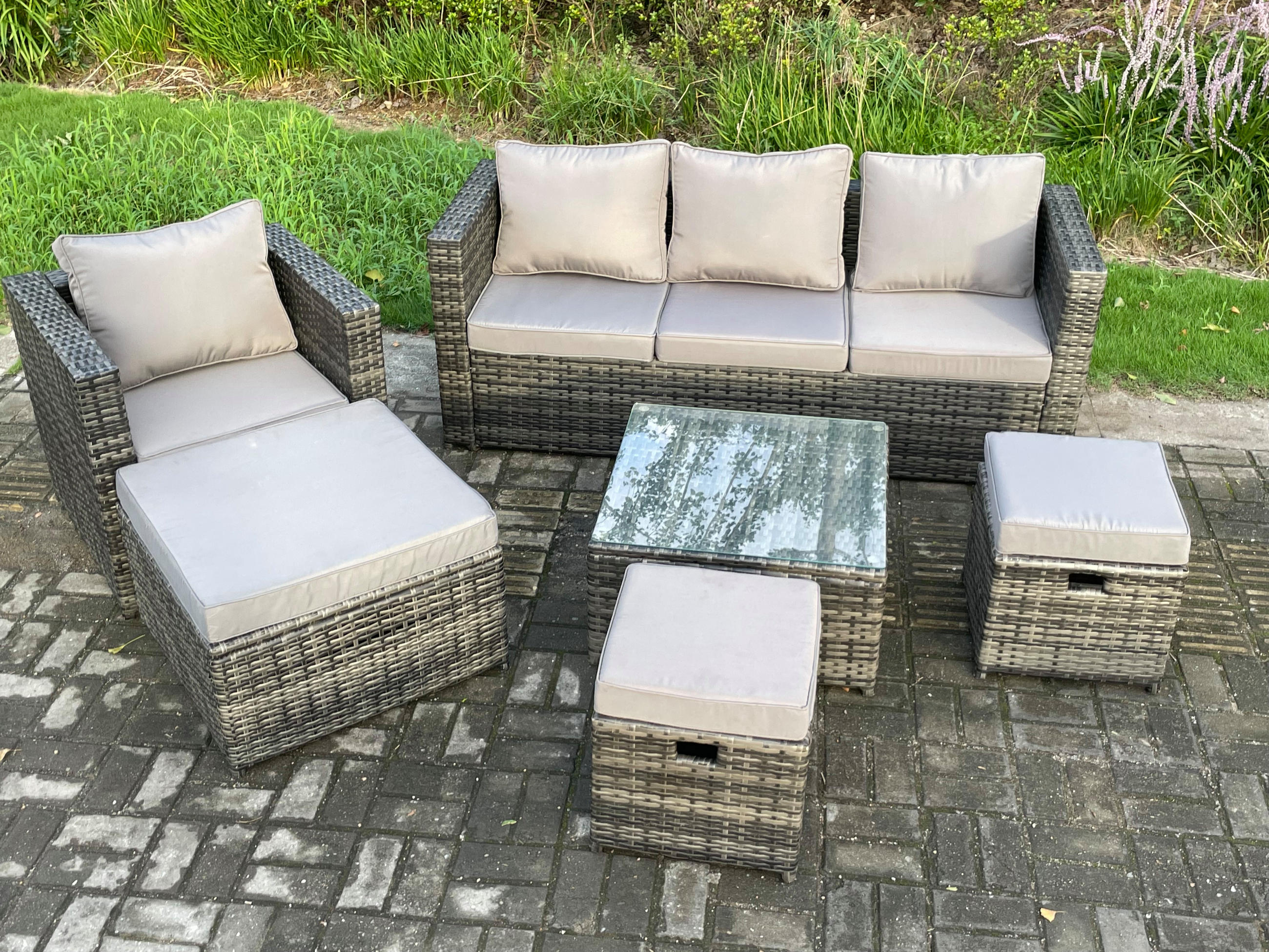 GARTENSET mit Couchtisch Polyrattan 7-Sitzer - Dunkelgrau, Metall - Fimous