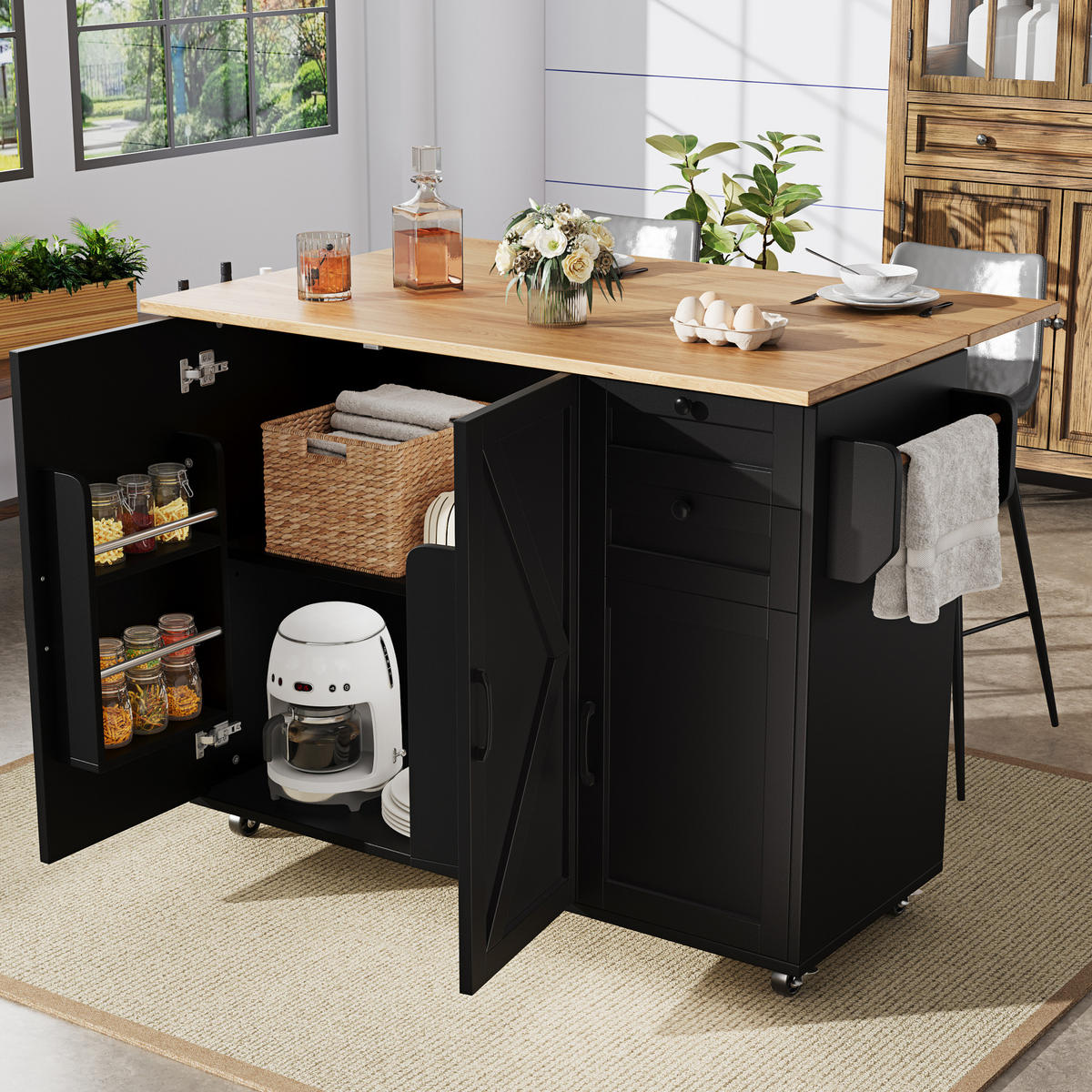 KÜCHENINSEL mit Klapptisch 120 cm Black - Schwarz, Holz (43.2/92/120cm) - Beauniv