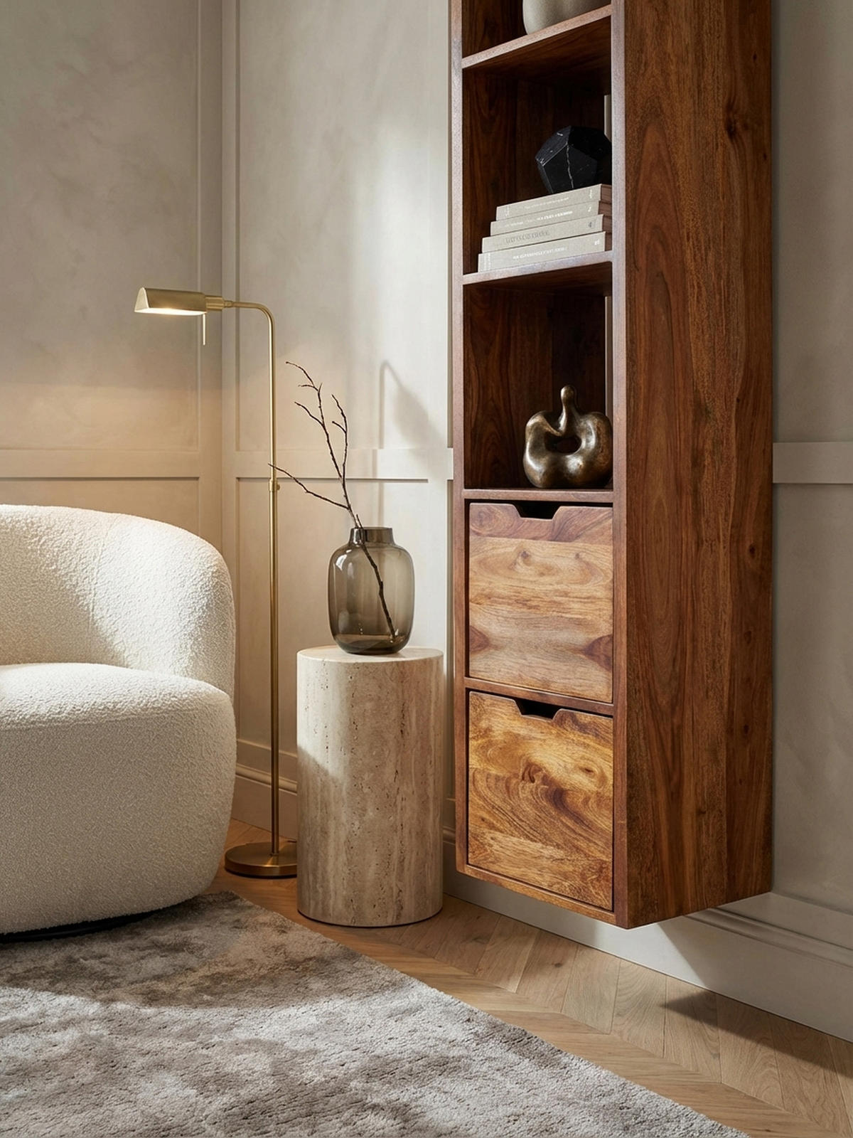 WANDREGAL Massivholz Modern Stil Flexibel mit 5 Ablagen und 2 Schubladen - Braun, Holz (35/150/30cm) - KADIMA DESIGN