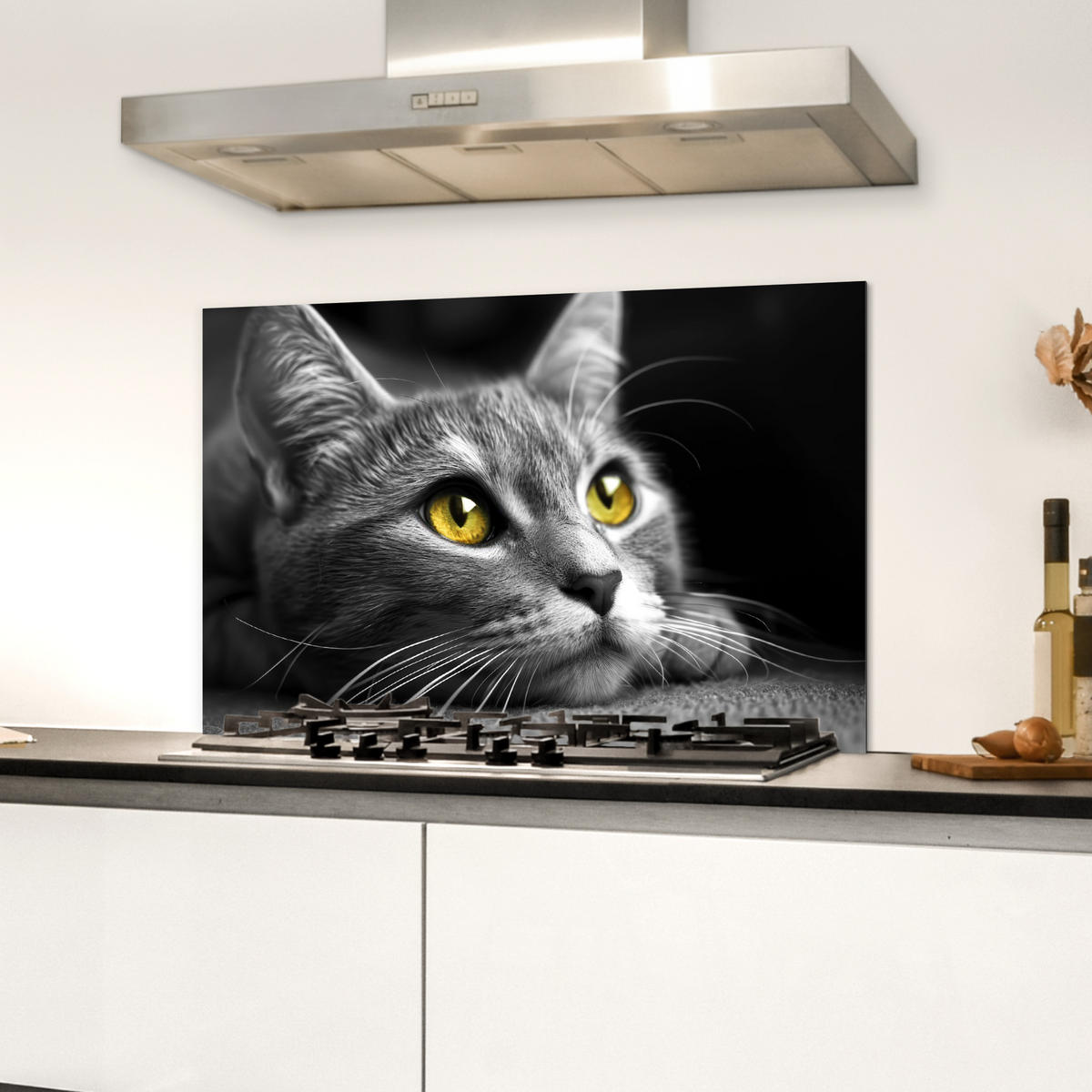 SPRITZSCHUTZ KÜCHE Katze - Grau - Tiere - Katze 70x50 cm - Grau, Metall (70/0.3/50cm) - MuchoWow