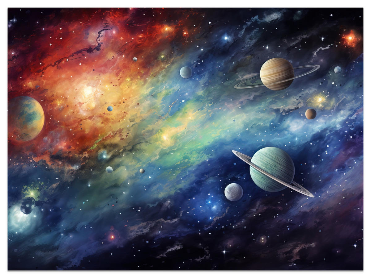 FOTOTAPETE für Jugendzimmer Aquarell Galaxie Planeten Sterne 450x315 - Blau/Gelb, Papier (450/315cm) - Muralo