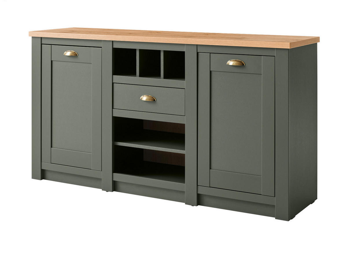 SIDEBOARD grün, Wotan Eiche Landhaus, Kommode mit Weinregal - Dunkelgrün/Messingfarben, Holzwerkstoff/Metall (145/83/41cm) - Furn.Design