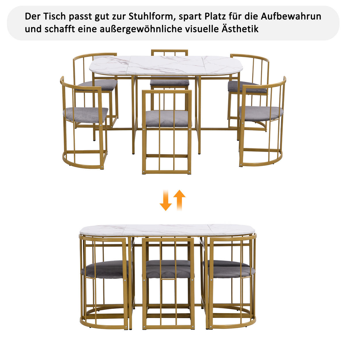 ESSGRUPPE Esstisch 6 Stühle Weiß Grau Gold - Goldfarben, Holzwerkstoff (140/76/80cm) - FLIEKS