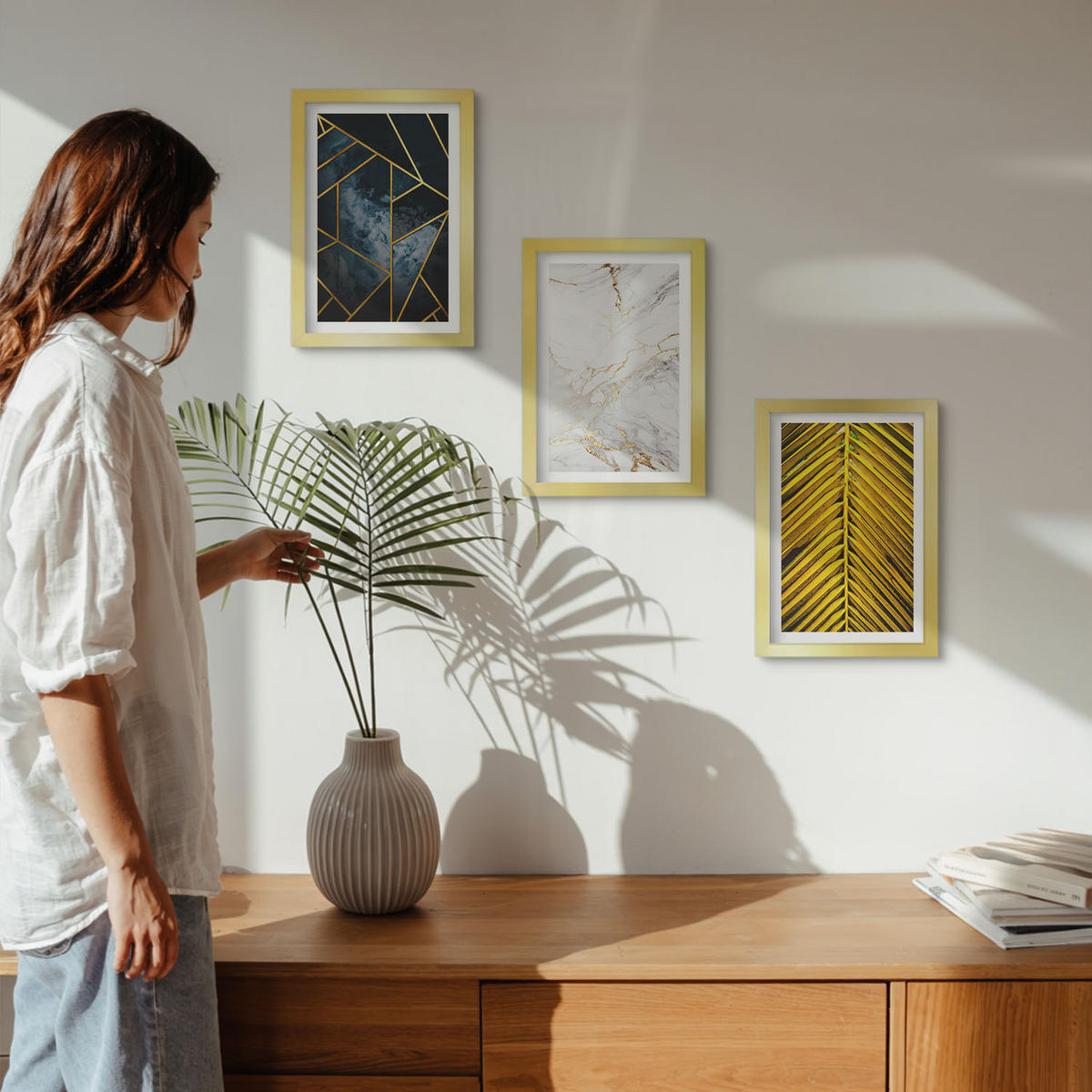 BILDER SET 3er Set - 20x30 cm Goldrahmen - Geometrische Muster und Vegetation - Goldfarben, Kunststoff (20/30cm) - TULUP