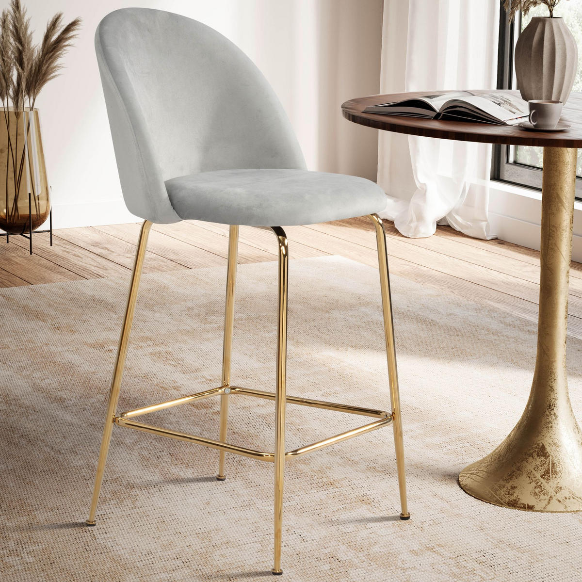 BARHOCKER 2er Set Samt Lehne Goldgestell Skandi-Stil Gepolstert, Grau 50x50x102 cm - Goldfarben/Grau, Textil/Metall (50/102/50cm) - KADIMA DESIGN