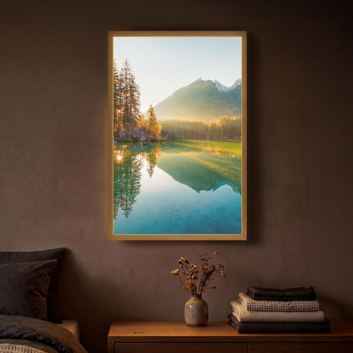 WANDLEUCHTE MIT AKKU See - Wald - Berge - Natur - Sonne - Landschaft 40x60 cm - Grün, Holzwerkstoff (40/60/8cm) - OnlyWow