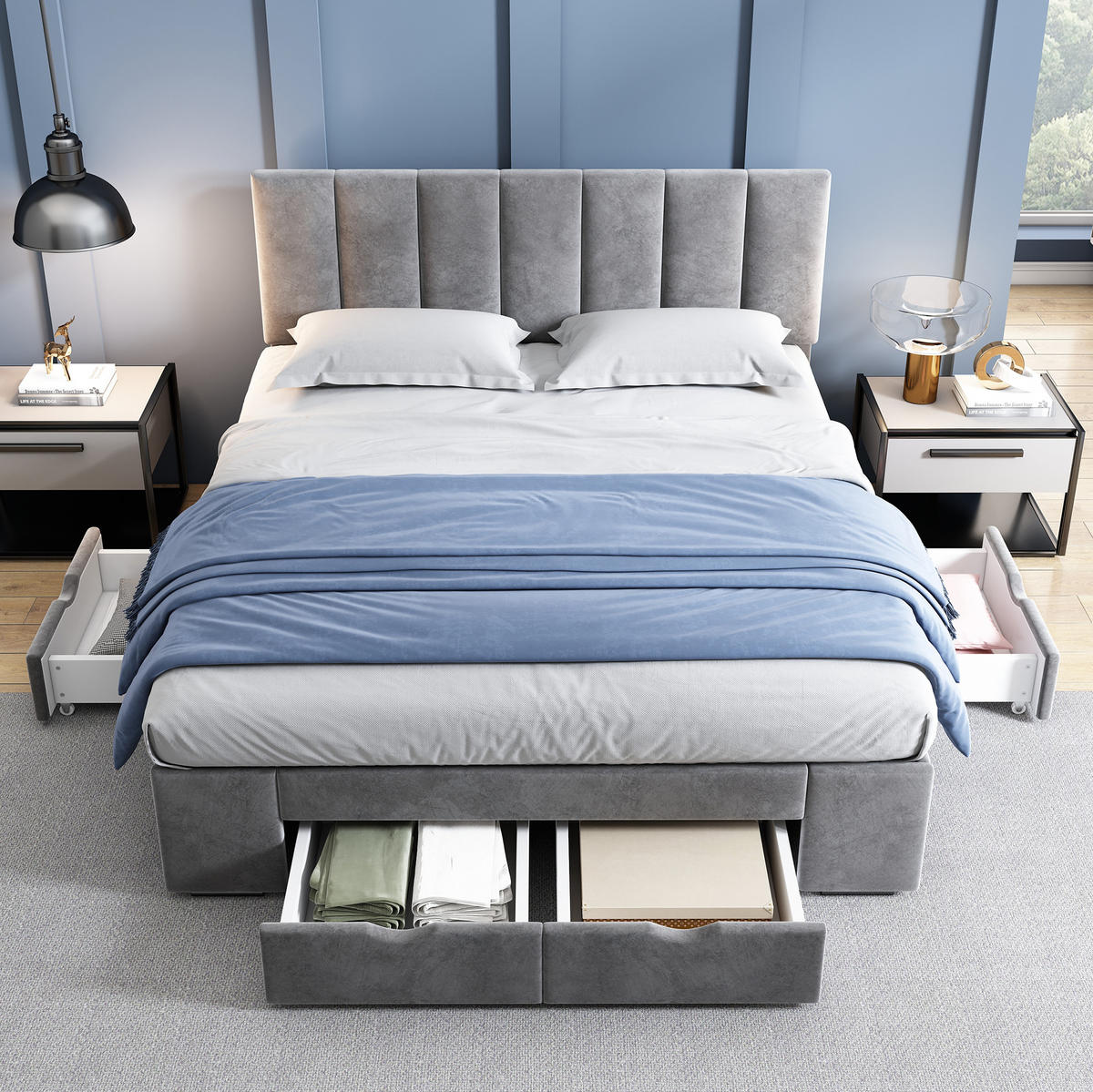 ČALÚNENÁ posteľ z zamatu 140x200 cm sivá s lamelovým roštom, 4 zásuvkami a nastaviteľným čelom - sivá, textil (140/200cm) - Modfu