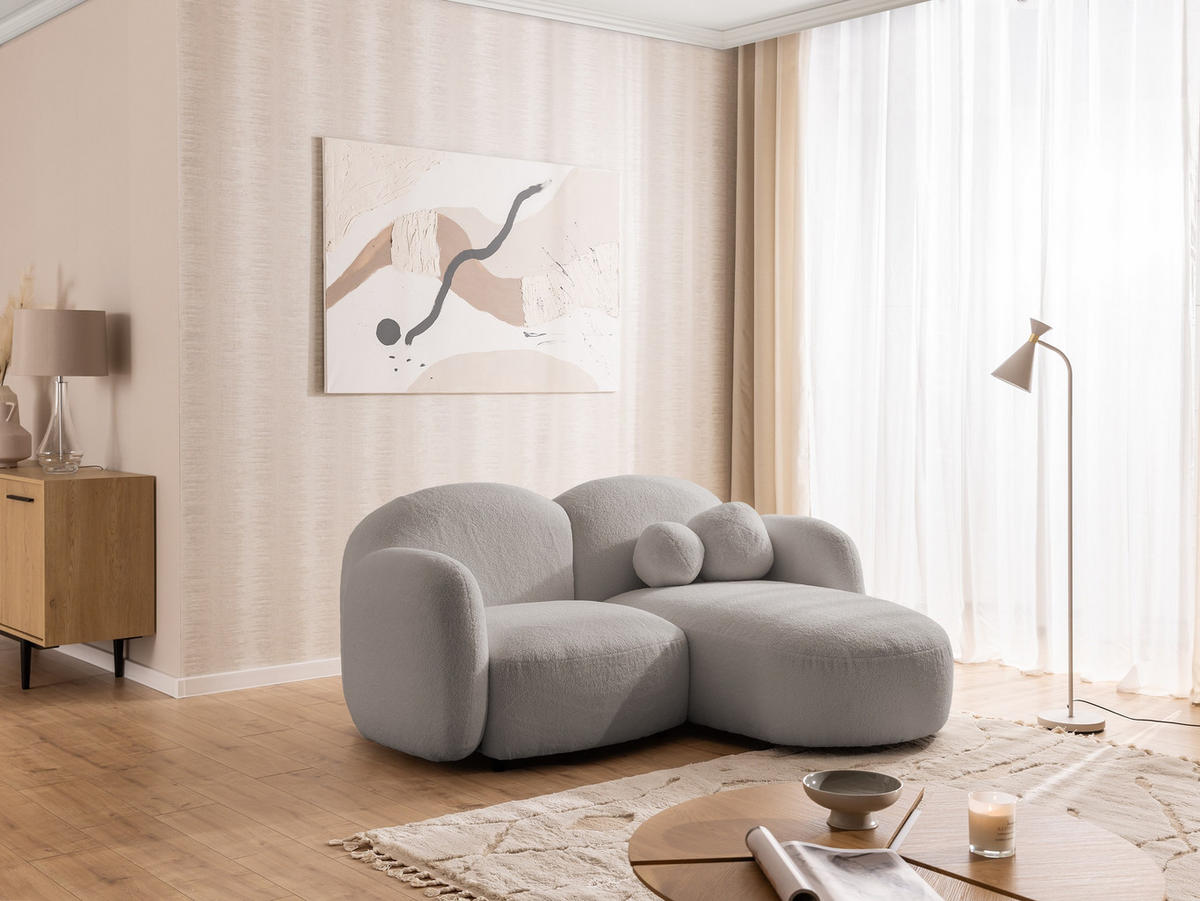 ECKSOFA Nuvola mit abgerundetem Design Hellgrau Bouclé-Stoff - Ottomane Rechts - Hellgrau/Schwarz, Holz/Kunststoff (190/146cm) - S-Style Möbel