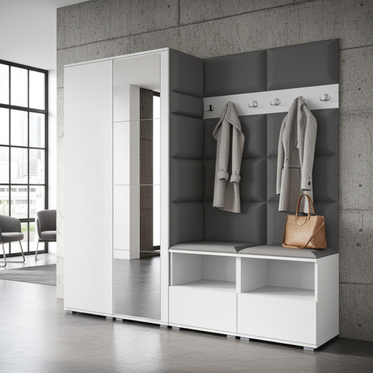 GARDEROBE NELA VI 200 cm (Kompaktgarderobe Weiß mit Spiegel & Sitzpolster Dunkelgrau 15 Schrank & Paneel) - Dunkelgrau/Silberfarben, Holz/Holzwerkstoff (200/187/40cm) - Ravio