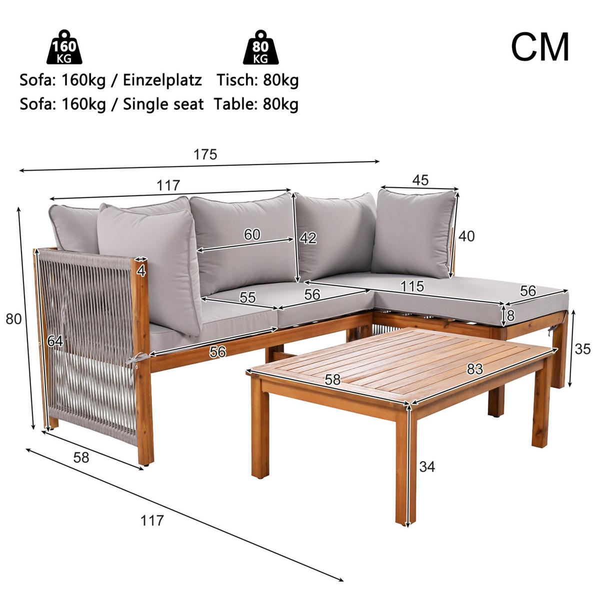 GARTEN-LOUNGEMÖBEL 3-tlg. Akazienholz Grau mit Tisch - Grau, Holz - Beauniv