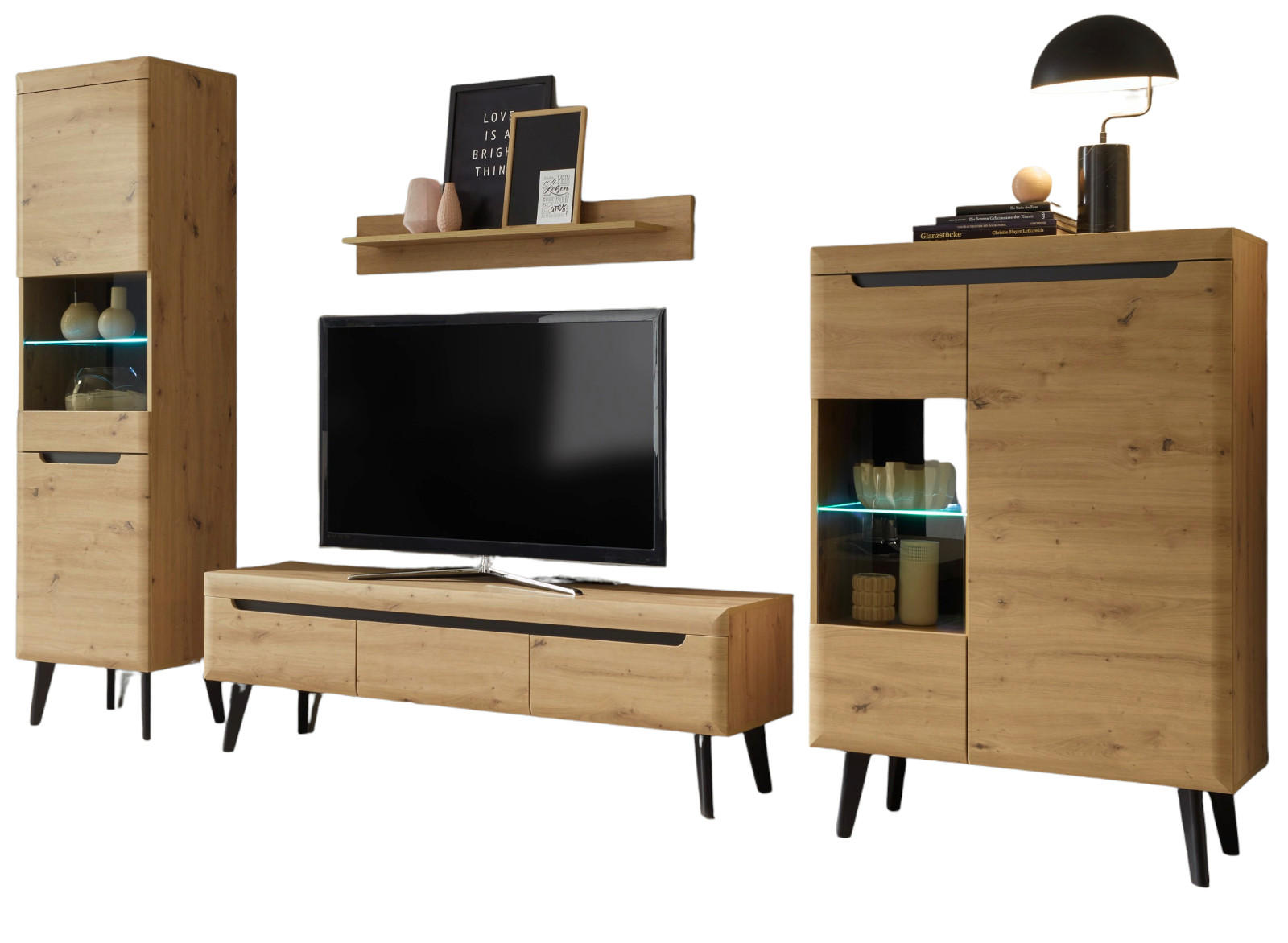 WOHNWAND 4-teilig Set Eiche Artisan, schwarz 343 cm, Wohnkombination skandinavisch - Eichefarben, Glas/Holz (343/197/40cm) - Furn.Design