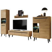 WOHNWAND 4-teilig Set Eiche Artisan, schwarz 343 cm, Wohnkombination skandinavisch - Eichefarben, Glas/Holz (343/197/40cm) - Furn.Design