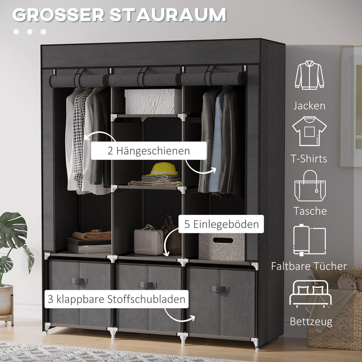 STOFFSCHRANK, Kleiderschrank, Dunkelgrau - Dunkelgrau, Kunststoff/Metall (43/162.5/125cm) - HOMCOM