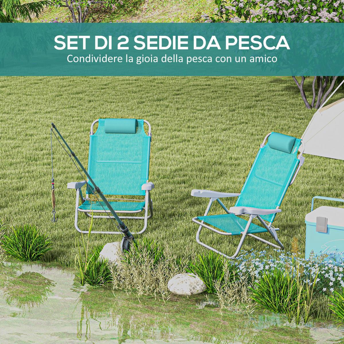 SONNENLIEGE Set aus 2 klappbaren und verstellbaren Campingstühlen mit 6 Höhenverstellungen Grau und Blau 62x65x80 cm - Blau, Metall (62/80/65cm) - Vallsero