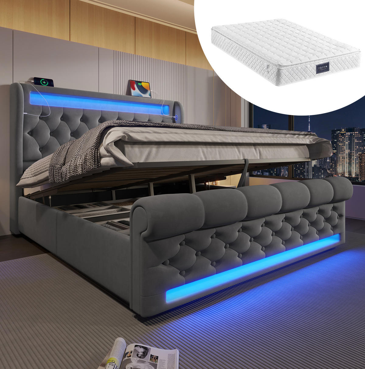 POLSTERBETT 140/200 cm Grau mit LED-Beleuchtung, Stauraum und USB- und Type-C-Anschlüssen - Grau, Textil (140/200cm) - Flora Grace