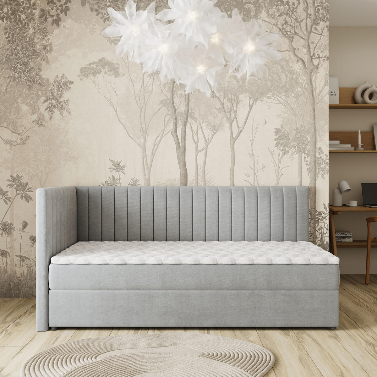 BOXBETT ARIS 90x200 cm mit Matratze und Topper, H2+H3 - Hellgrau - Hellgrau, Holz (90/200cm) - MASSENO