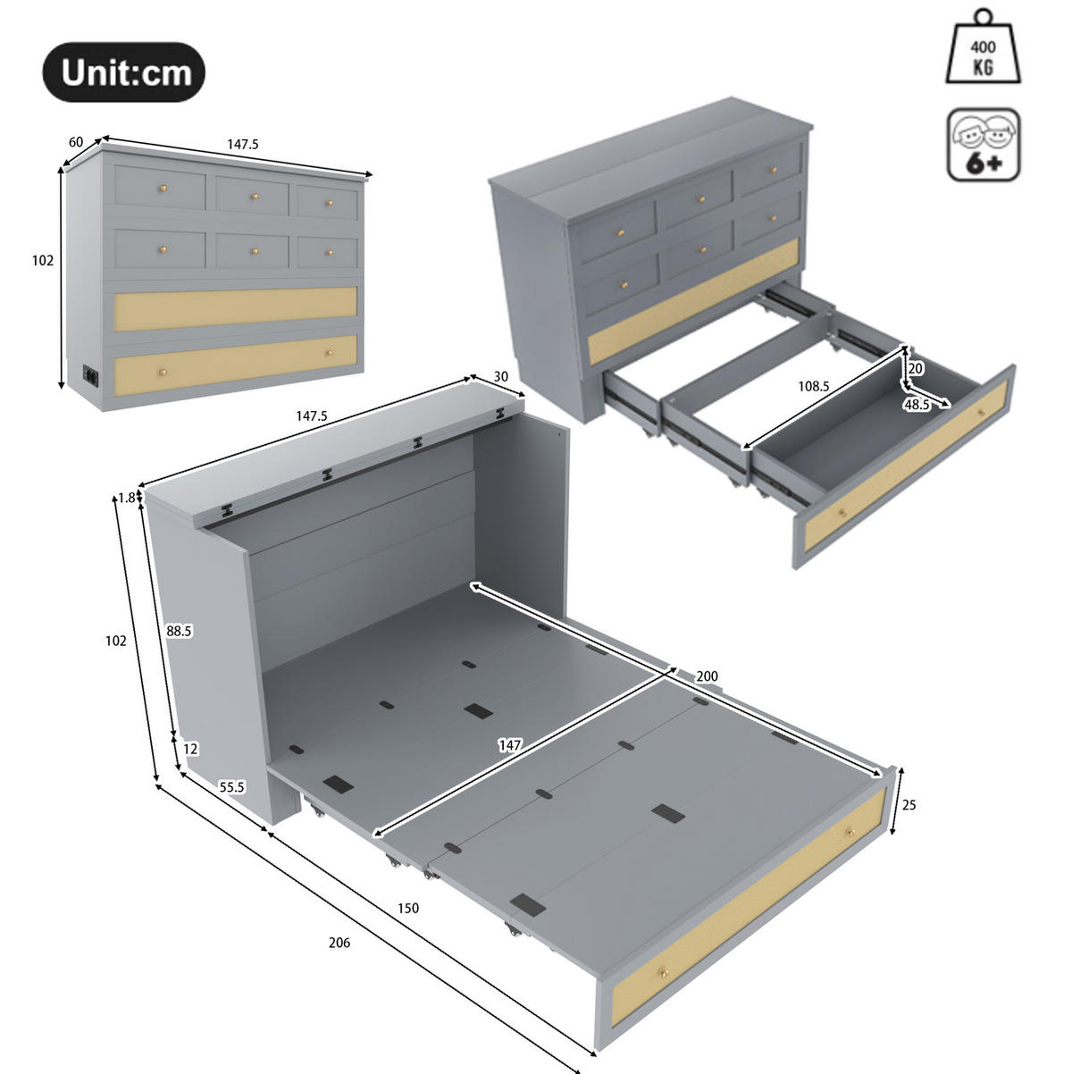BETT mit Bettkasten 140/200 cm in Grau – umbaubar, mit Kopfteil und USB - Grau, Holzwerkstoff (140/200cm) - BEAOK