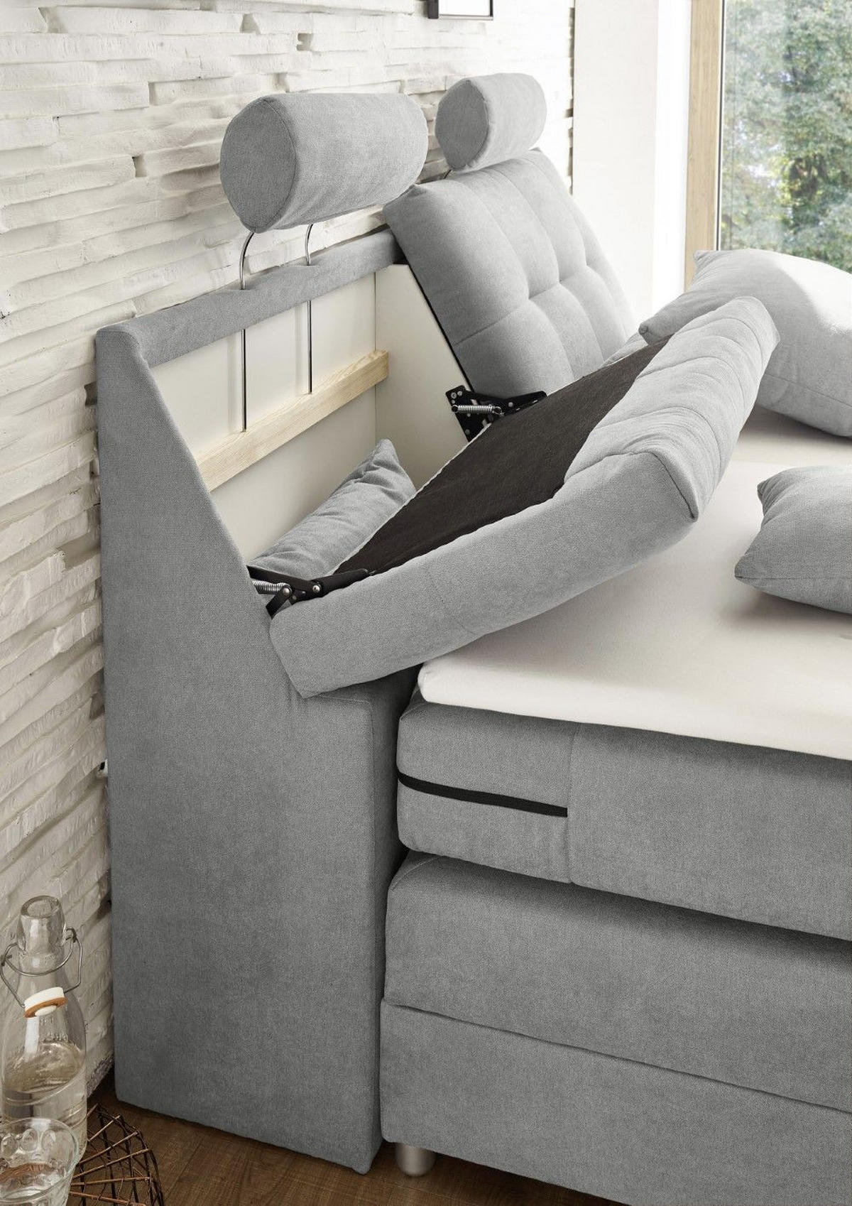 BOXSPRINGBETT inkl. Elektrofunktion, 7-Zonen-Tonnentaschen-Federkernmatratze und Komfort T25 Schaumtopper - Silberfarben/Hellgrau, Holz/Holzwerkstoff (180/200cm) - ed exciting design