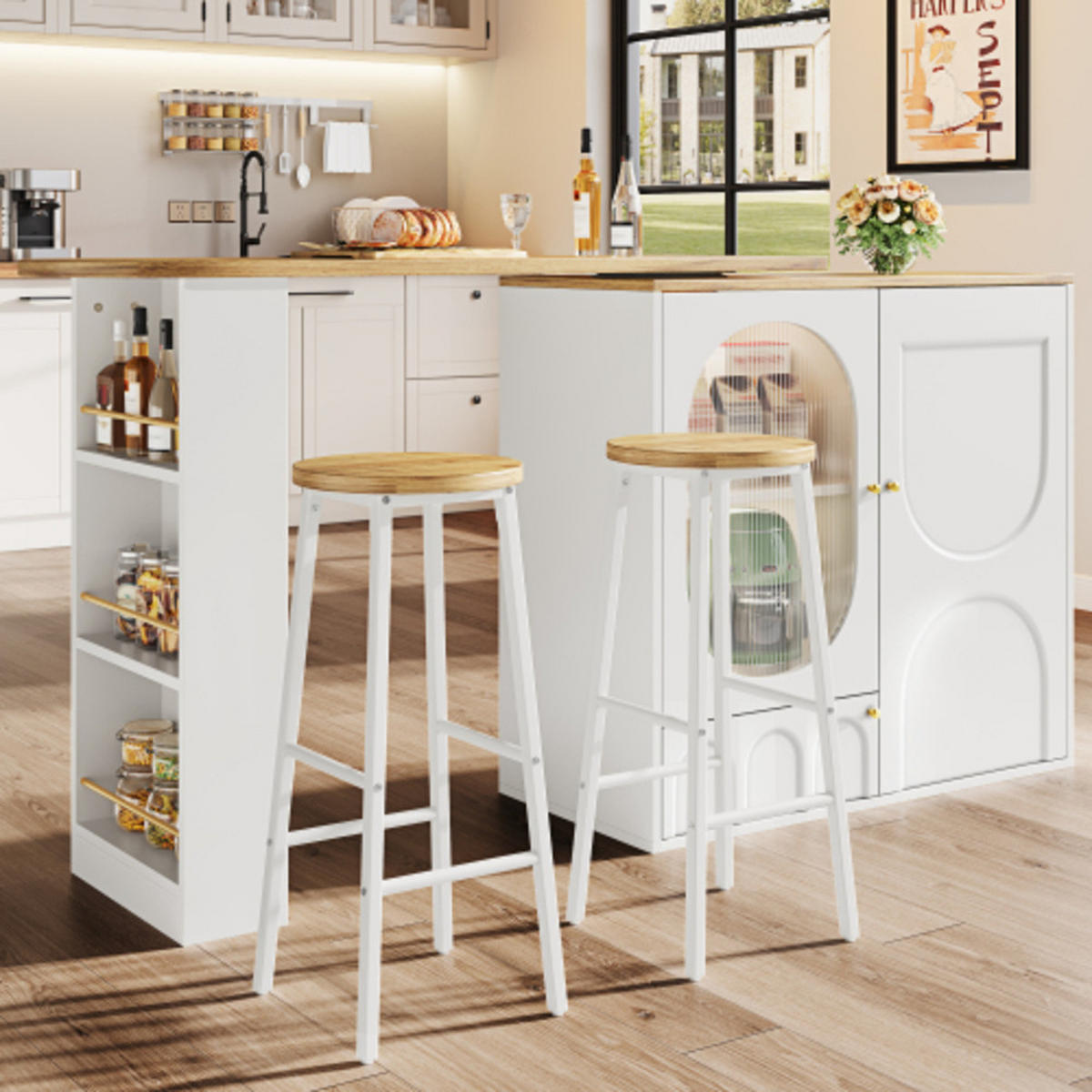 KÜCHENINSEL-SET 138-204×39×105 cm mit 2 Barhockern aus MDF und Metall, weiß mit Holzoptik - Weiß, Holzwerkstoff (204/105/39cm) - Luhomfu