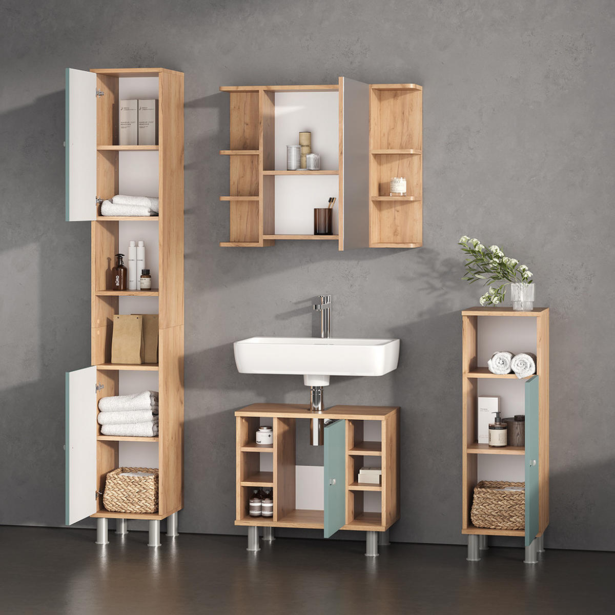 BADMÖBEL-SET Fucino Grün 4 Teile - Honigeiche/Grün, Holzwerkstoff (60/54/32cm) - Livinity®