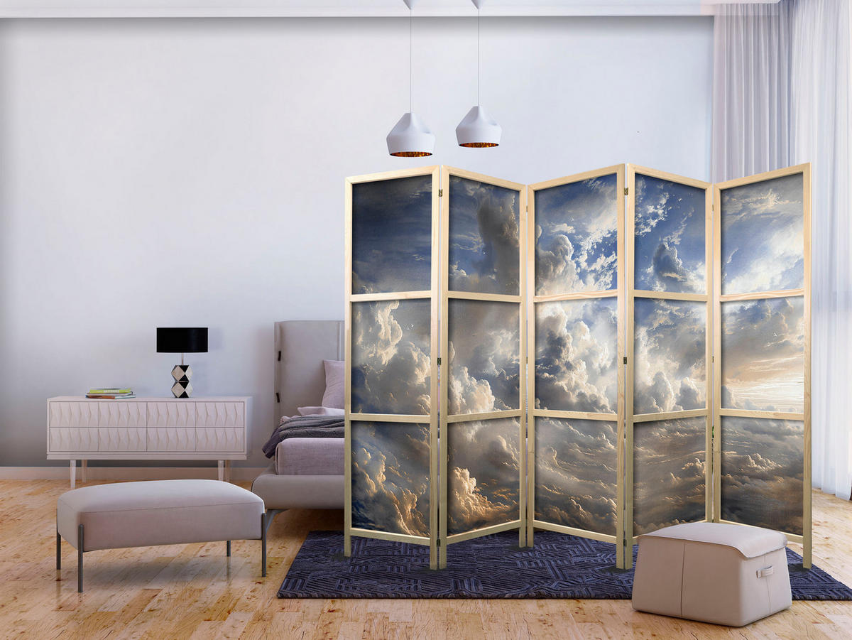 PARAVÁN Japonský 5-dielny 225x172 cm Oblaky 3D Efekt - modrá, drevo/textil (225/172/3cm) - Muralo