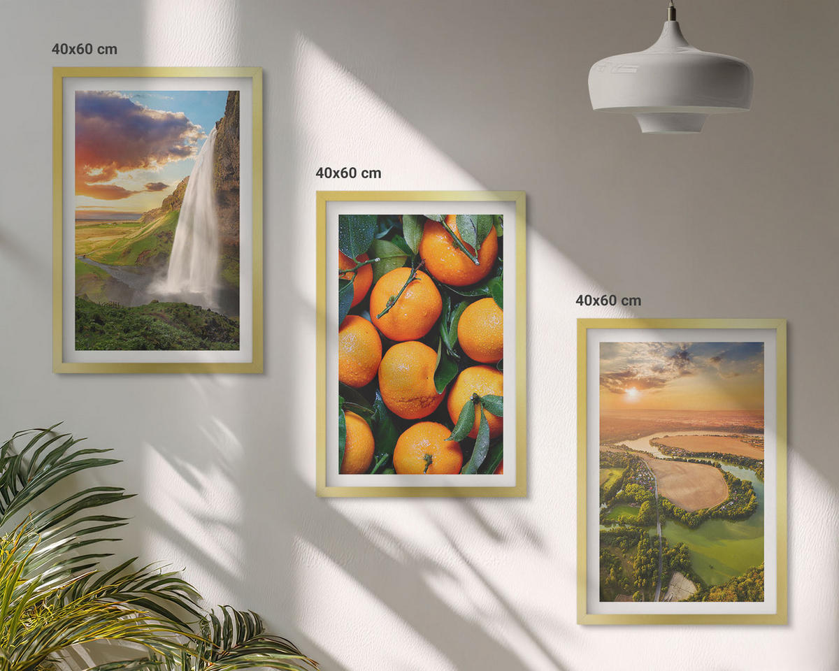 BILDER SET 3er Set - 40x60 cm Goldrahmen - Orange Mountain Wasserfall - Goldfarben, Kunststoff (40/60cm) - TULUP