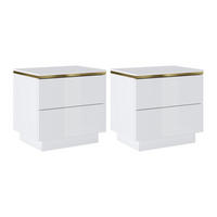 NACHTTISCH 2er-Set mit 2 Schubladen - Weiß glänzend & Goldfarben - VUKIA - Weiß, Holz (50/50/36.8cm) - Vente-Unique