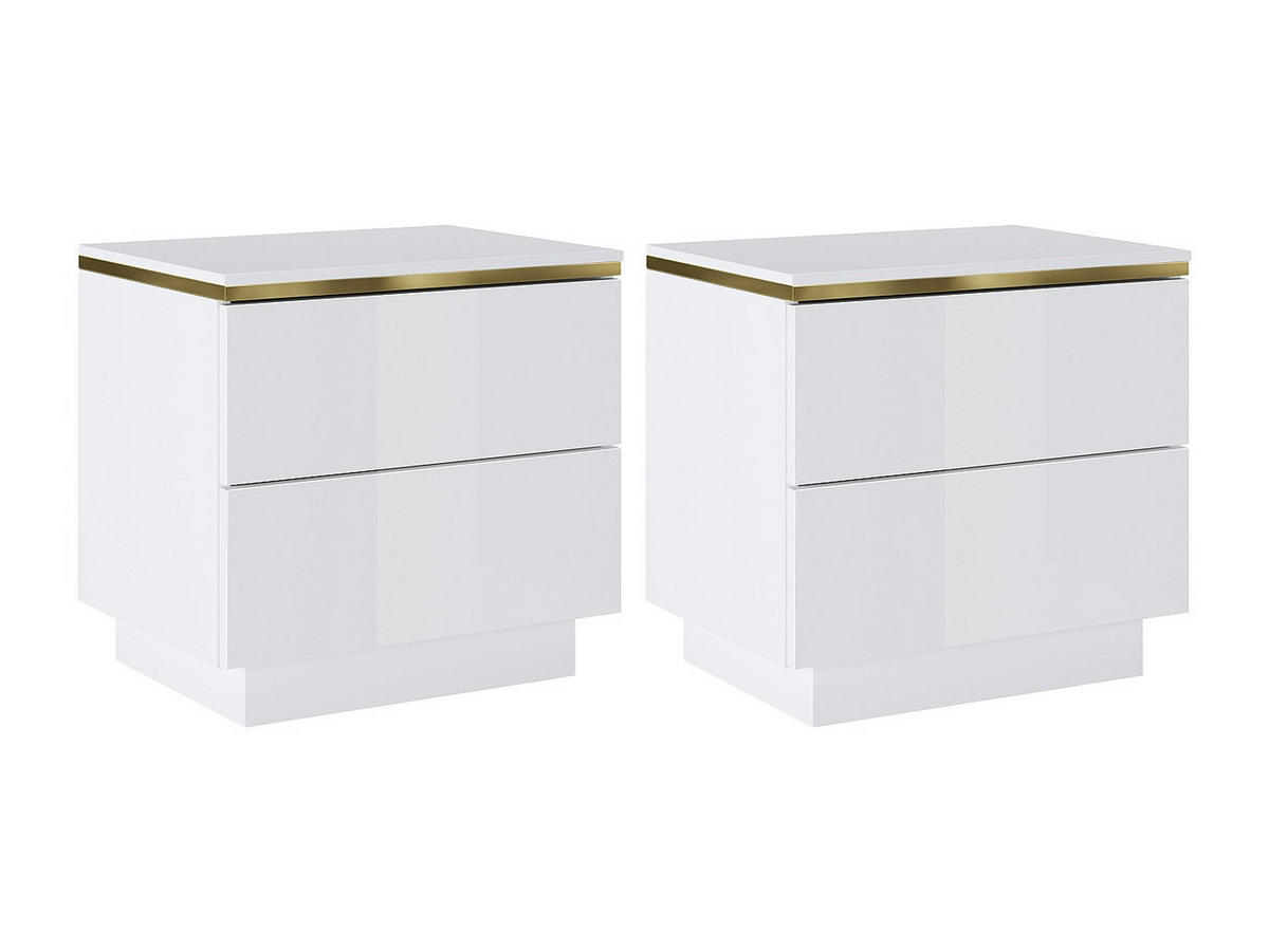 NACHTTISCH 2er-Set mit 2 Schubladen - Weiß glänzend & Goldfarben - VUKIA - Weiß, Holz (50/50/36.8cm) - Vente-Unique