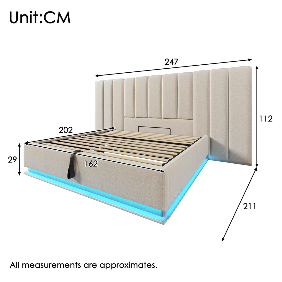 POLSTERBETT 160/200 cm mit LED-Beleuchtung, USB-C und hydraulischem Stauraum, Leinenoptik, und Matratze,Beige - Beige, Textil (160/200cm) - Redom