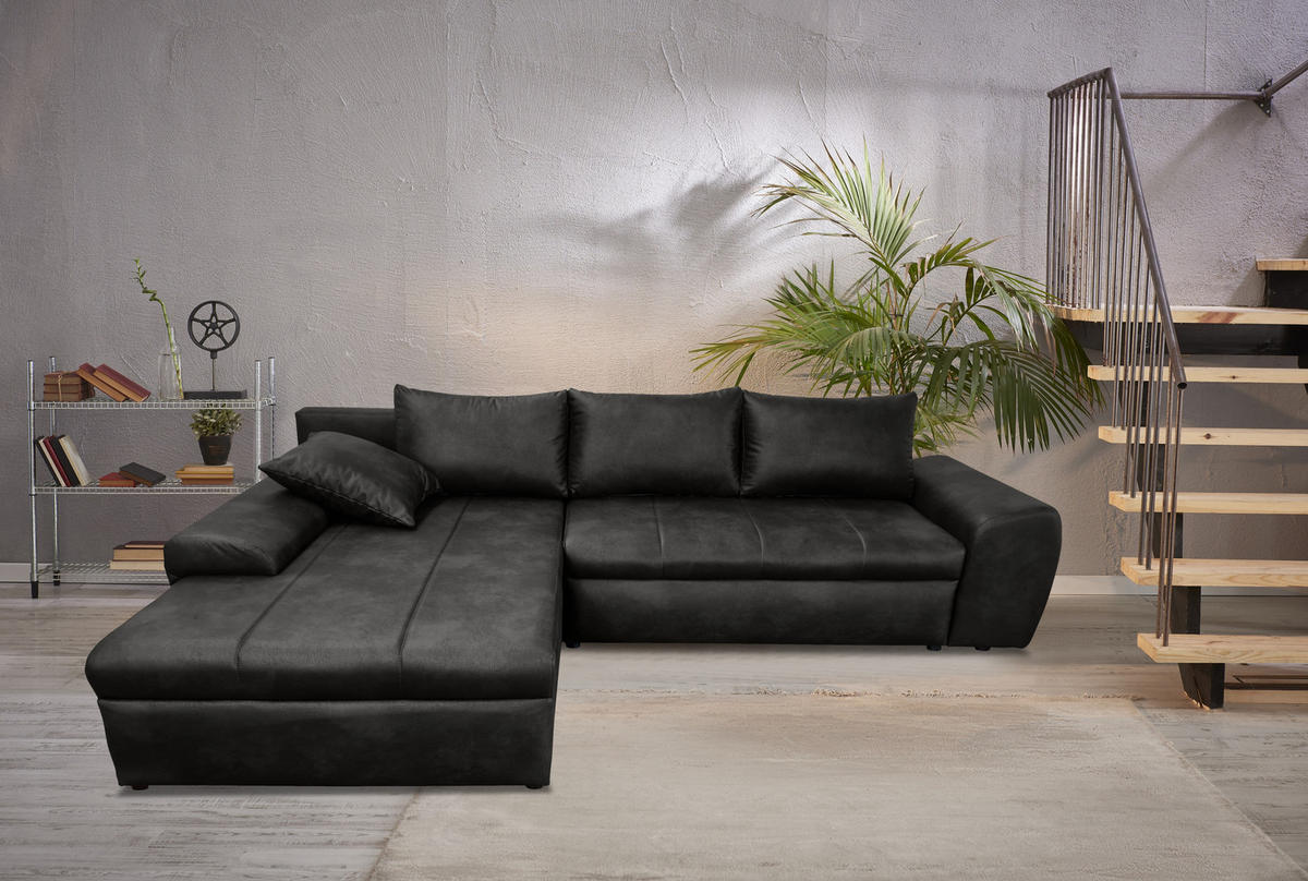 ECKSOFA mit Schlaffunktion, Bettkasten, Wellenunterfederung, Ottomane links B266/T186/H90 cm, Mikrofaser Leder-Optik Vintage Schwarz / 18016 - Schwarz, Kunststoff/Textil (266/186cm) - luma-home