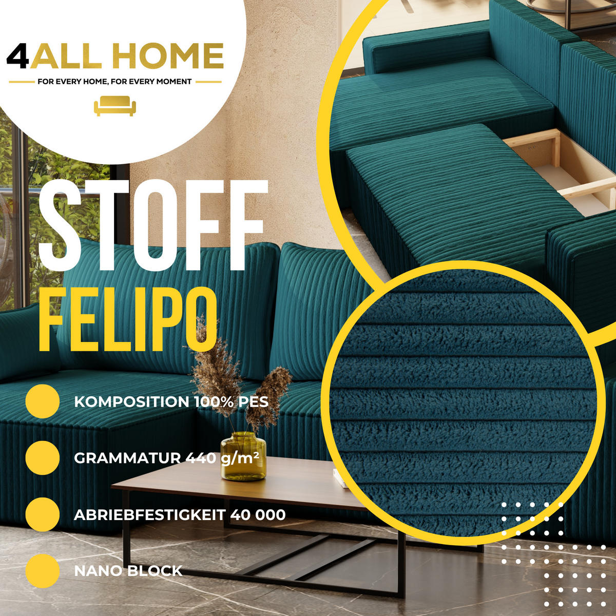 ECKSOFA Tobi mit Bettkasten und Schlaffunktion, L-Form/XL-Form, Cordstoff, Universal - Blau, Holzwerkstoff (276/145cm) - 4ALL HOME
