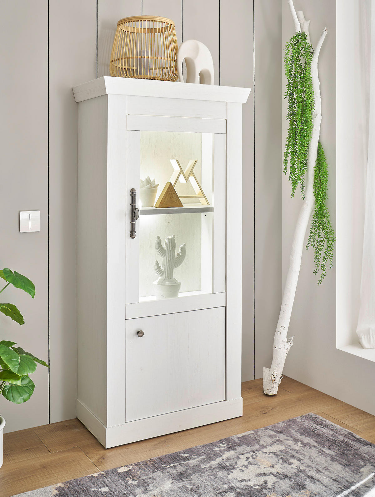 VITRINE weiß Pinie Landhaus, Vitrinenschrank 70 x 146 cm, Soft-Close-Funktion - Weiß, Holzwerkstoff/Kunststoff (72/146/38cm) - Furn.Design
