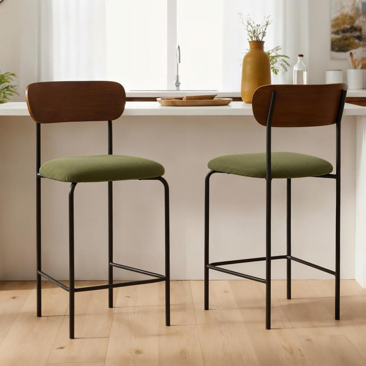 BARHOCKER 2er-Set Olivia skandinavischen aus khakifarbenem Cord - Beige/Schwarz, Textil/Metall (46/95.5/52.5cm) - Sicaan