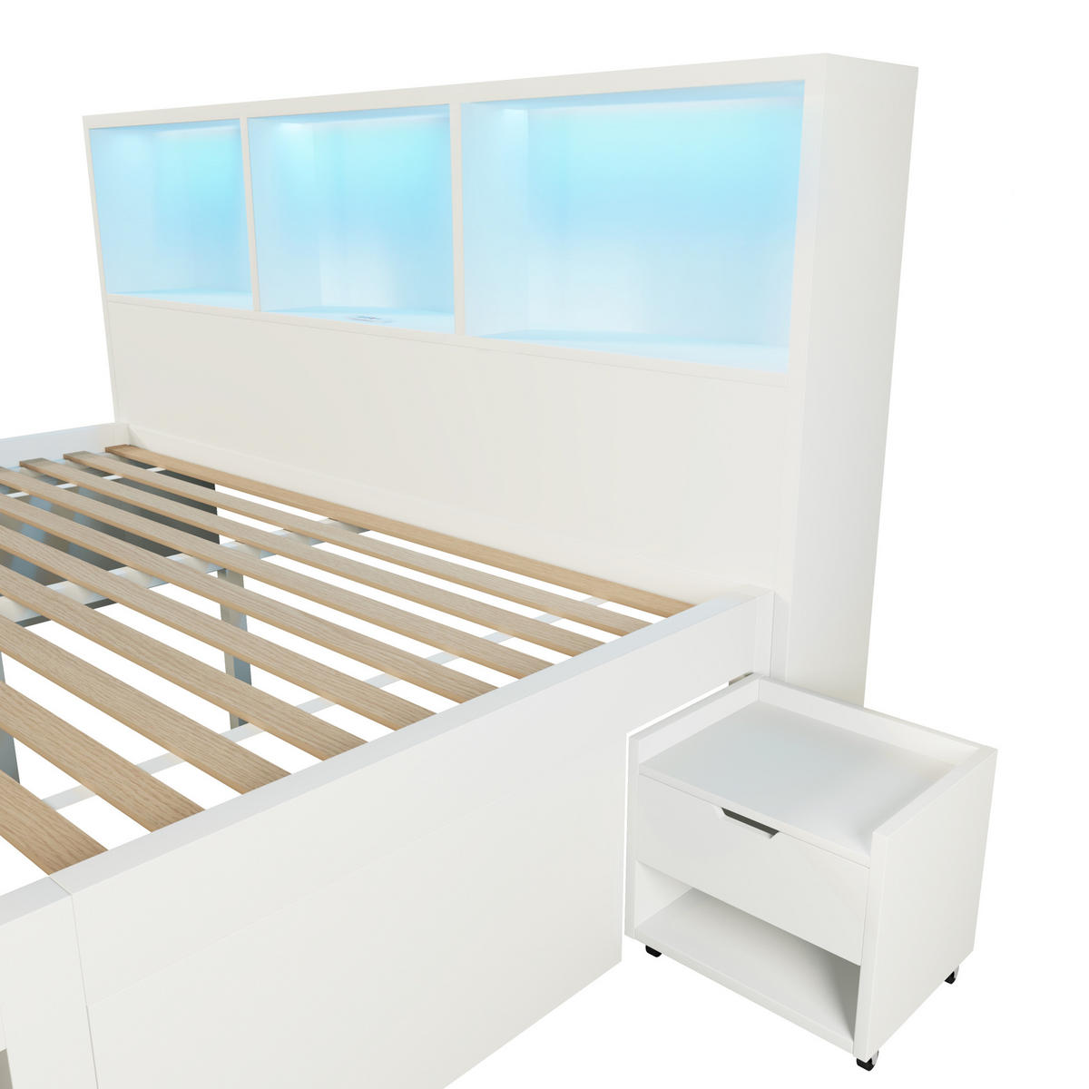 MANŽELSKÁ posteľ 140/190 cm biela z dreva s LED osvetlením USB a 2 pohyblivými nočnými stolíkmi - biela, kompozitné drevo (140/190cm) - OKWISH