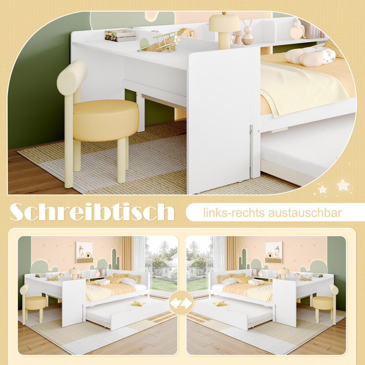 FLACHBETT 140x200cm Weiß Holz Schreibtisch Rollbett Regale - Weiß, Holz (140/200cm) - FLIEKS