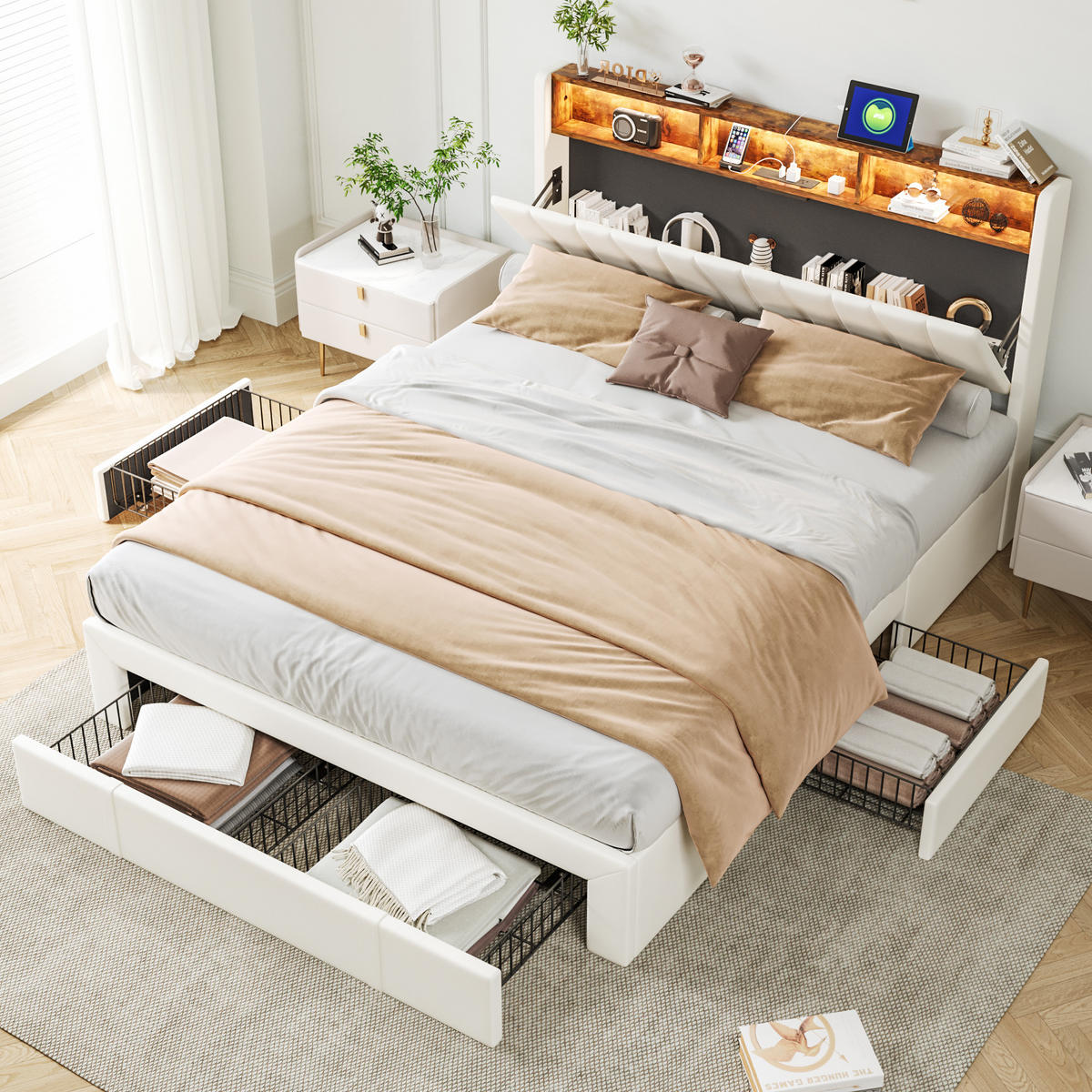 POLSTERBETT 140x200 cm, Beige, mit 3 Schubladen, USB & Typ C, LED - Beige, Textil/Metall (140/200cm)